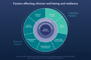 Infographic about factors affecting clinician well-being and resilience