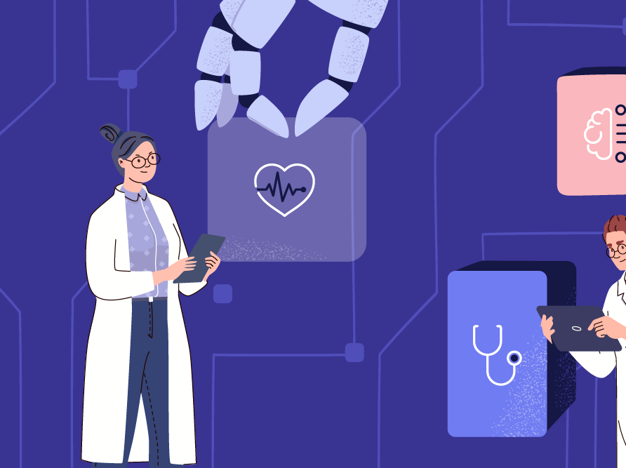 Healthcare providers using mobile devices with robotic hands in the background.