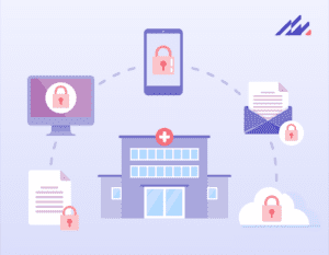 A healthcare organization sits at the center of the image with various means of data exchange surrounding it, including a computer, mobile phone and paper documents.