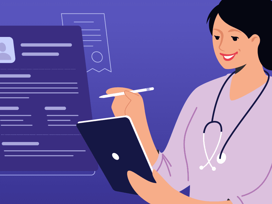 Nurse using EHR software on tablet