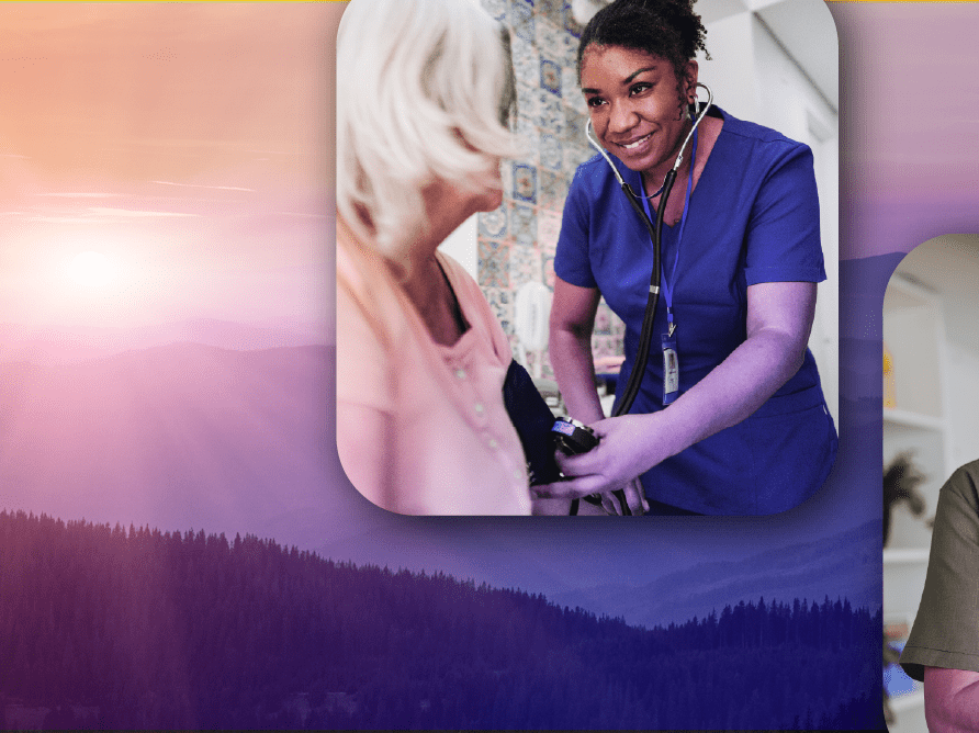 Nurse treating patient with purple background