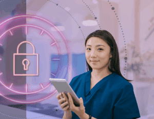 nurse holding tablet with EHR software