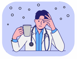 Doctor holding coffee, looking stressed