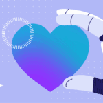 AI robot hand holding blue heart