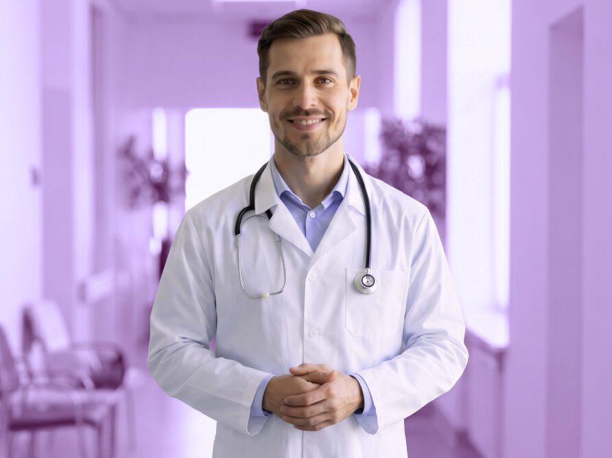Clinician in front of purple background
